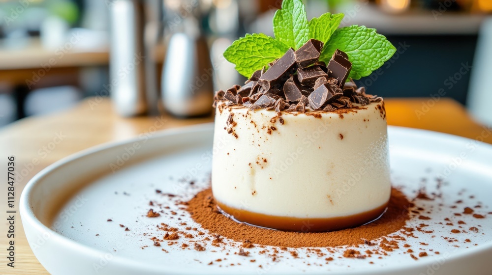 Creamy panna cotta dessert topped with chocolate shavings and fresh mint on a white plate, AI Creamy panna cotta dessert topped with chocolate shavings and fresh mint on a white plate, AI