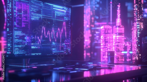 Neon-lit futuristic cityscape reflected on a desk with a computer displaying financial data and code.