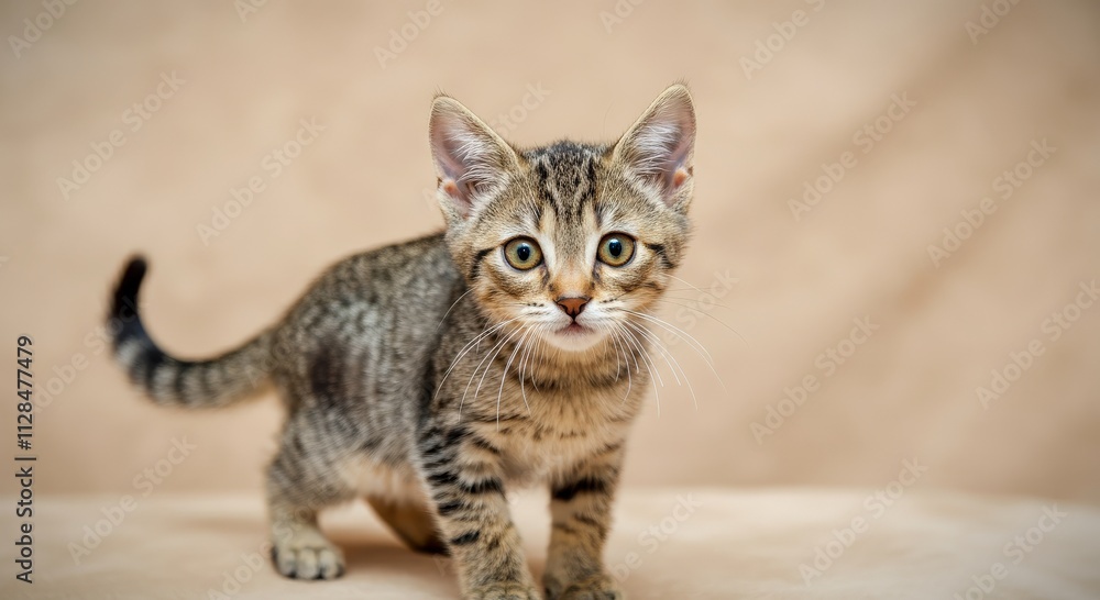 Adorable tabby kitten with curious expression on neutral background Adorable tabby kitten with curious expression on neutral background