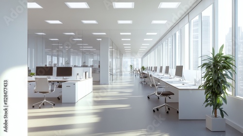 Fototapeta Naklejka Na Ścianę i Meble -  Modern open office space with white walls and natural light, concept of workspace productivity.  3D Rendering