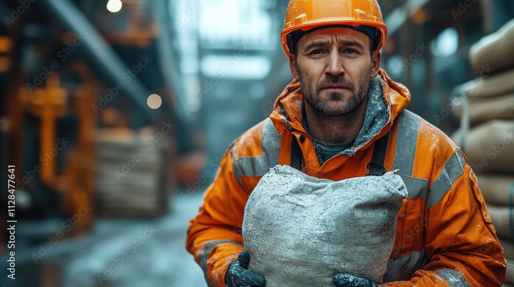 inside a uniformed professional builder is carrying a bag of cemen inside a uniformed professional builder is carrying a bag of cemen