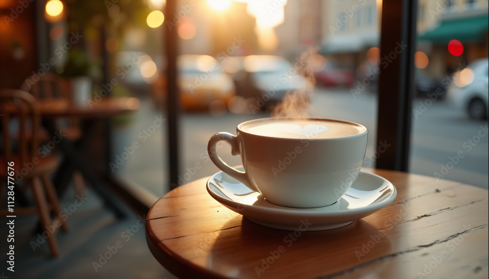 wallpapers A serene view of a steaming cup of coffee on a wooden table with a sunset backdrop. A perfect moment of calm. AI generated wallpapers A serene view of a steaming cup of coffee on a wooden table with a sunset backdrop. A perfect moment of calm. AI generated