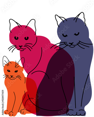 Family of cats. Avatar, badge, poster, logo templates, print. Vector illustration in a minimalist style with Riso print effect. Flat cartoon style