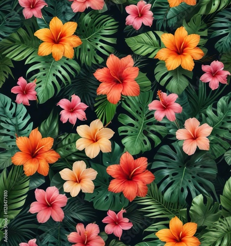 Seamless pattern with colorful tropical flowers and leaves, ornamental, foliage, decorative, repeat