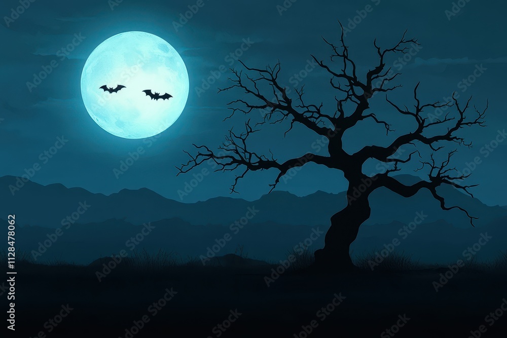 Spooky Halloween Night, Silhouette of a Leafless Tree Against a Full Blue Moon Spooky Halloween Night, Silhouette of a Leafless Tree Against a Full Blue Moon