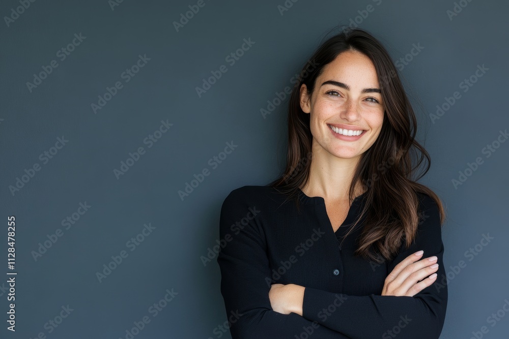 Confident young caucasian female smiling against gray background Confident young caucasian female smiling against gray background