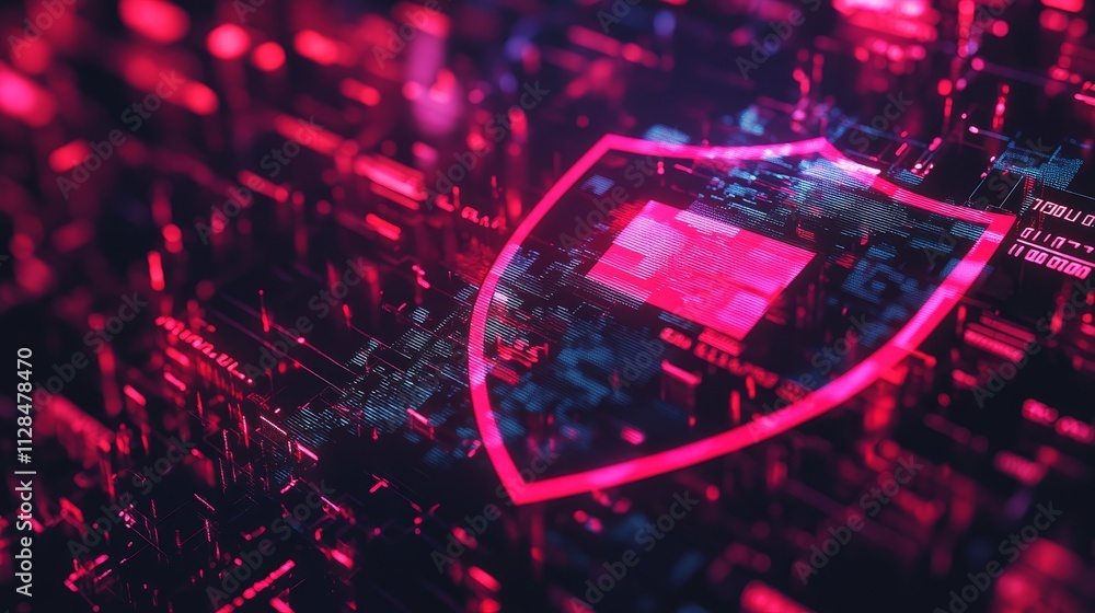 Fototapeta premium A futuristic cyber security illustration featuring a digital shield with a check mark, surrounded by code and interface elements. Perfect for representing online security, data protection, and tech.