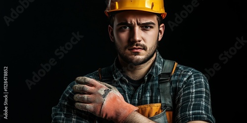 Portrait of a young male handyman showcasing a fractured hand, illustrating the challenges faced by those in the handyman profession, with special focus on the handyman s determination despite photo