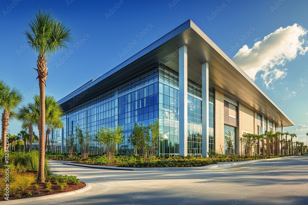 Exterior of Tampa Bay Lightning stadium with light blue and white color scheme, metal roof in industrial style. Exterior of Tampa Bay Lightning stadium with light blue and white color scheme, metal roof in industrial style.