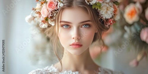 Stunning young woman adorned with a floral wreath in her hair, elegantly dressed in a lace wedding gown, embodies beauty and grace in a captivating wedding attire display.