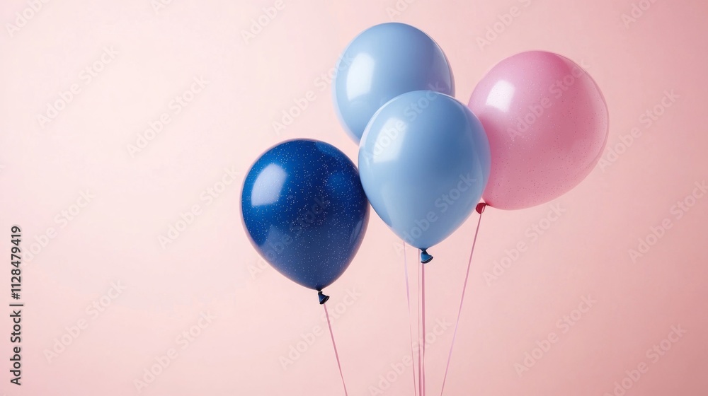 Three pastel balloons float against a pink background Three pastel balloons float against a pink background