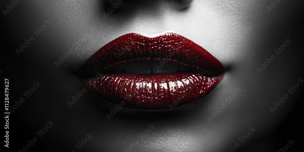 Obraz premium Close up of red lips in striking black and white, showcasing the bold contrast and texture of red lips that catch the eye, highlighting the allure and elegance of red lips.