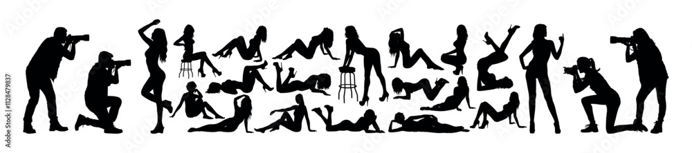 Group of photographers with camera taking pictures of sexy erotic women in different poses black silhouette vector set.
Group of photographers with camera taking pictures of sexy erotic women in different poses black silhouette vector set.