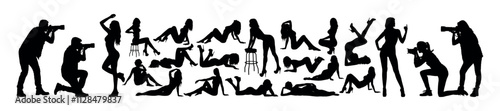 Group of photographers with camera taking pictures of sexy erotic women in different poses black silhouette vector set.

