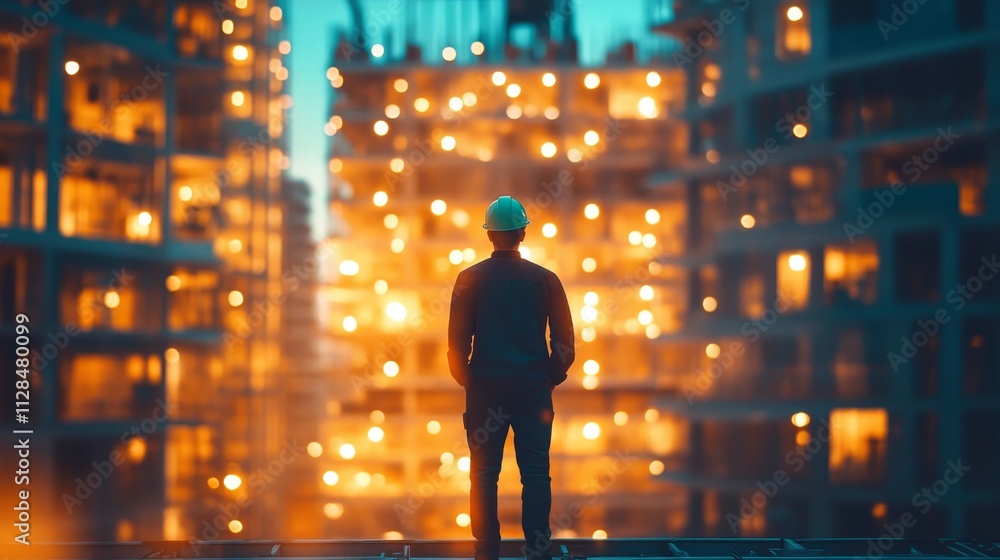 Fototapeta premium Construction Supervisor, Hard Hat, Urban Building Site, Sunset. Cityscape, Development, Industry