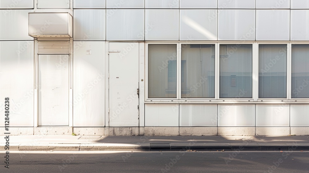Parisian street, modern minimalist building, full wall with windows and doors, sunny afternoon light, serene atmosphere, no people present.