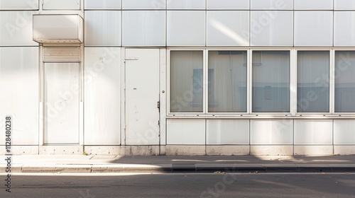 Obraz na płótnie Parisian street, modern minimalist building, full wall with windows and doors, sunny afternoon light, serene atmosphere, no people present. w salonie
