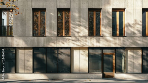 Obraz na płótnie Parisian street, modern minimalist building, full wall with windows and doors, sunny afternoon, serene atmosphere, no people present. w salonie
