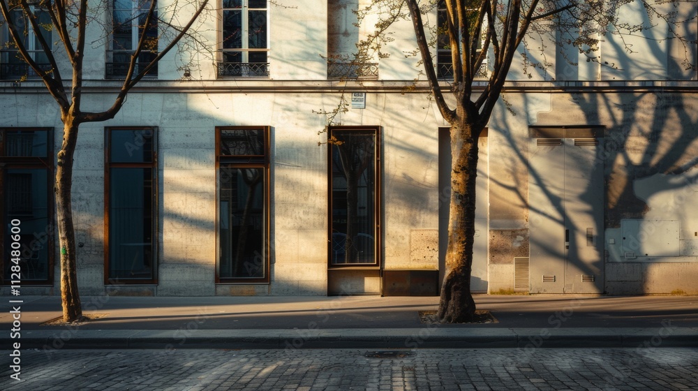 Parisian street, modern minimalist building, full wall with windows and doors, sunny afternoon, serene atmosphere, no people present.