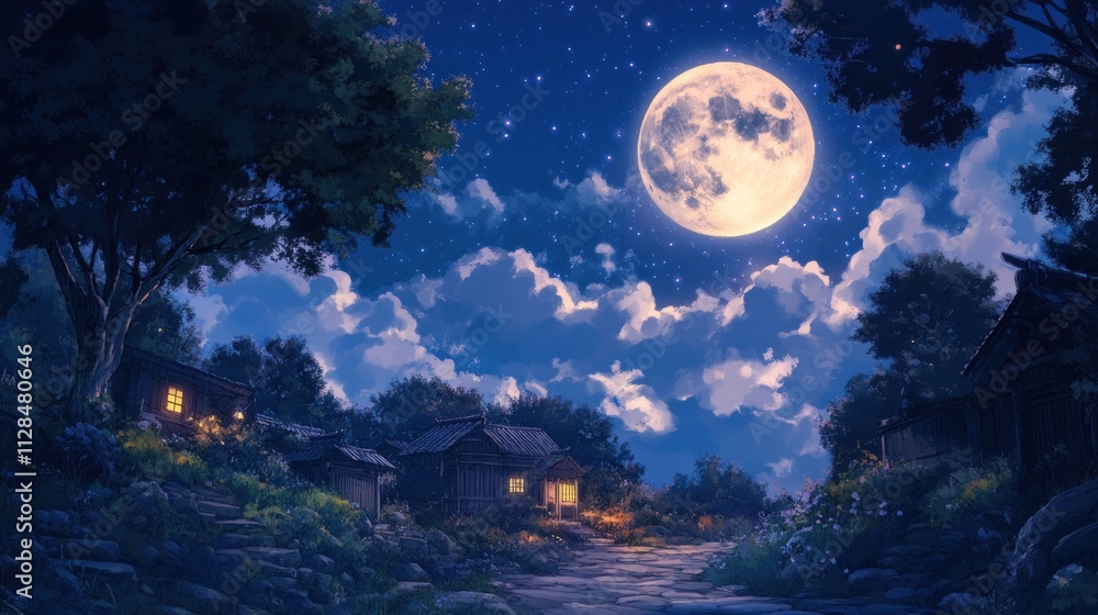 Naklejka premium Serene moonlit night in a quaint village nestled amongst lush greenery and stone pathways.