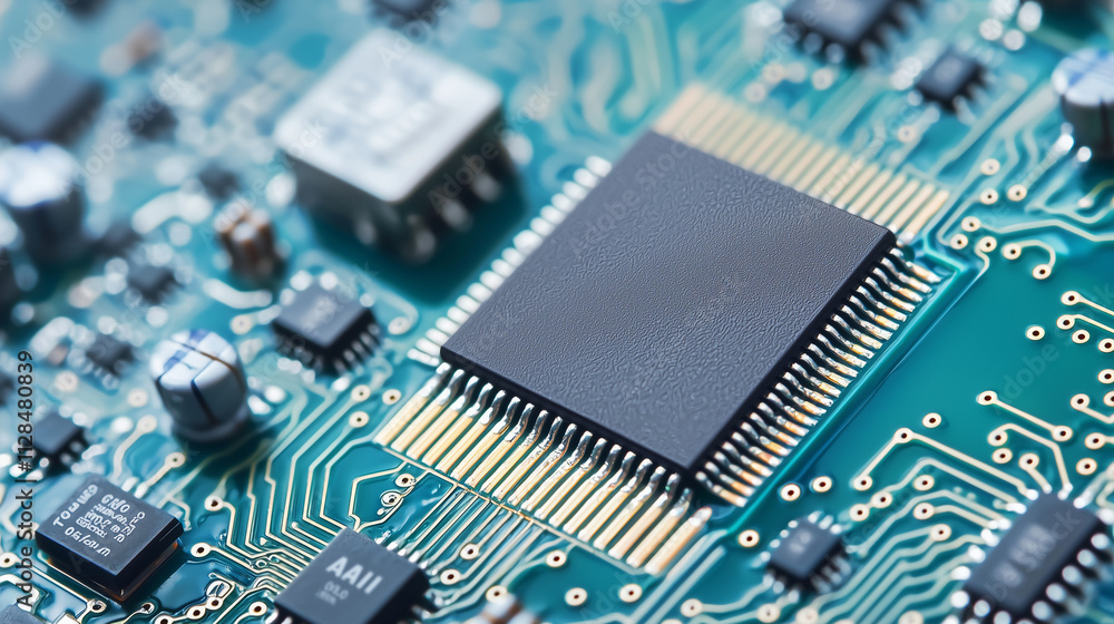 Microchip on Circuit Board: A close-up view of a microchip on a circuit board, showcasing intricate detail and technical prowess. Microchip on Circuit Board: A close-up view of a microchip on a circuit board, showcasing intricate detail and technical prowess.