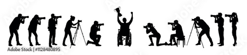 Group photographers taking pictures of man on wheelchair holding trophy winning competition champion vector silhouette.