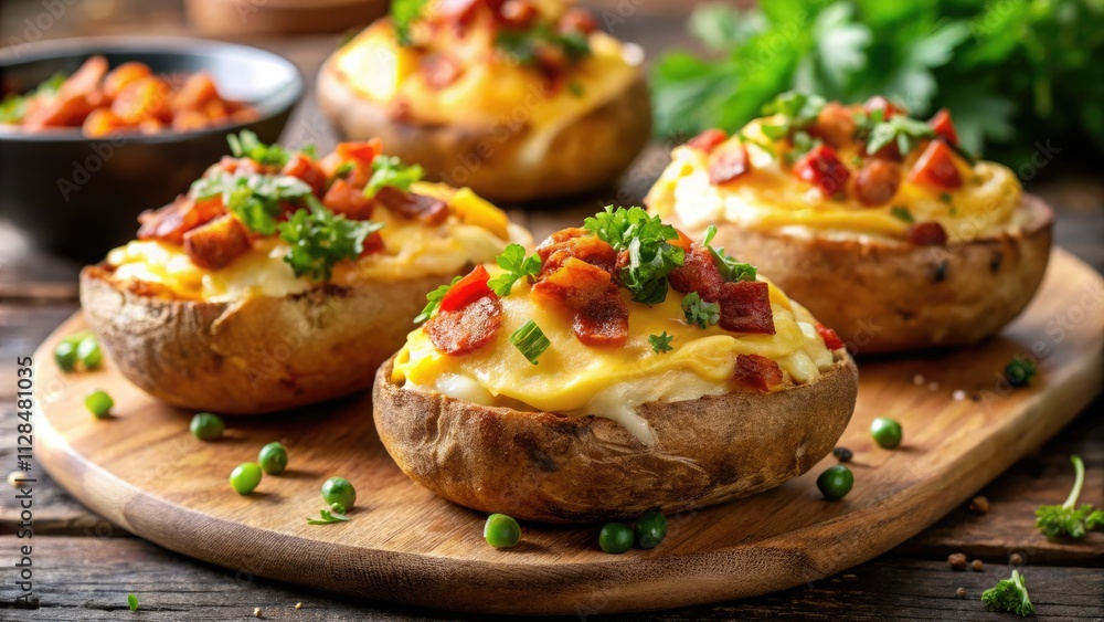 Crispy twice-baked potatoes, loaded with bacon and cheese – perfect party food! Crispy twice-baked potatoes, loaded with bacon and cheese – perfect party food!