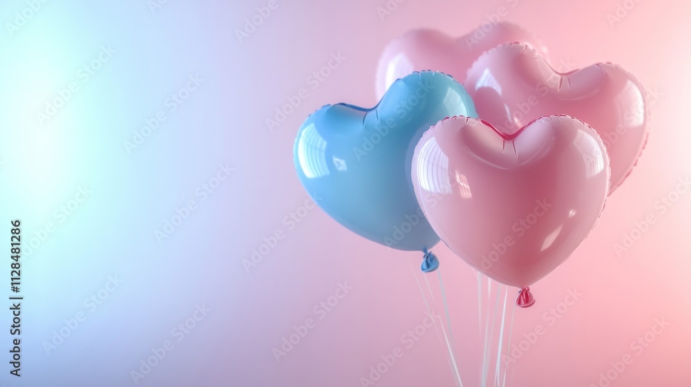 Pink and blue heart shaped balloons floating gently Pink and blue heart shaped balloons floating gently