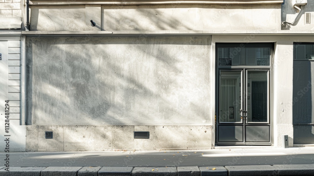 Parisian street scene, modern minimalist building, facing a wall with windows and doors, sunny afternoon, peaceful atmosphere, no people.