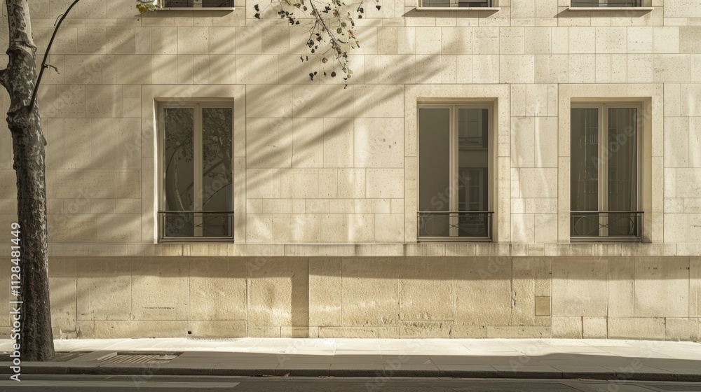 Parisian street scene, modern minimalist building, facing a wall with windows and doors, sunny afternoon, peaceful atmosphere, no people.