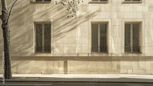Obraz na płótnie Parisian street scene, modern minimalist building, facing a wall with windows and doors, sunny afternoon, peaceful atmosphere, no people. w salonie