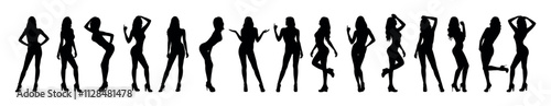 Group sexy female model standing with various poses and style in a row vector black silhouette set.