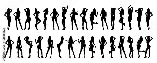 Group sexy female models in different poses standing in a row black silhouettes set collection.
