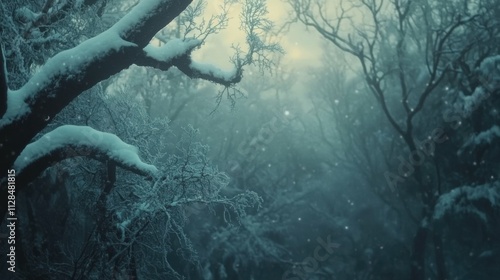 Wallpaper Mural Mystical winter forest with snow-covered branches, faint glow from horizon, peaceful and calm atmosphere, serene and enchanting, gentle holiday season scene Torontodigital.ca