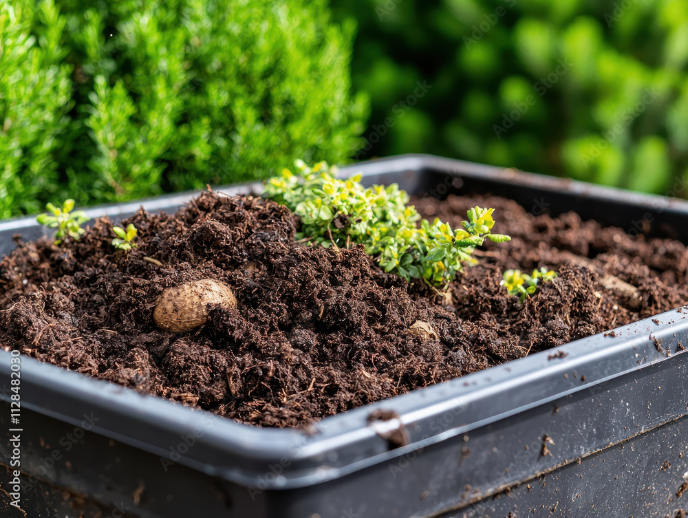 close up of compost bin filled with rich soil and small plants growing close up of compost bin filled with rich soil and small plants growing