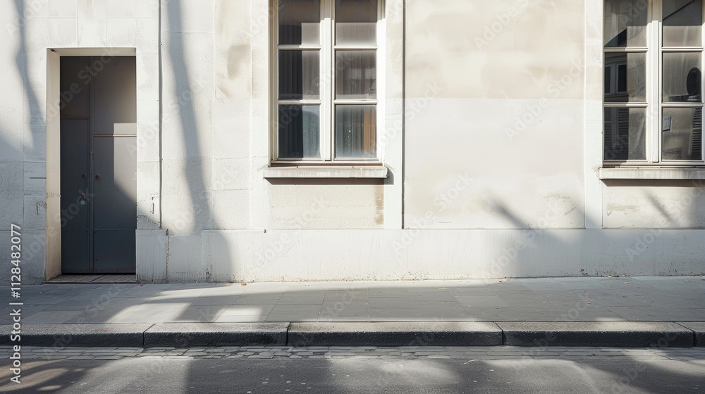Parisian street view, minimalist building, facing a wall with windows and doors, sunny afternoon light, peaceful urban scene, no people around.