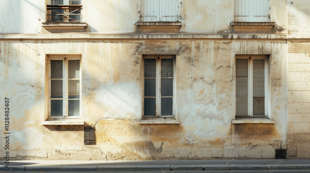 Parisian street view, minimalist building, facing a wall with windows and doors, sunny afternoon light, tranquil urban atmosphere, no people around.
