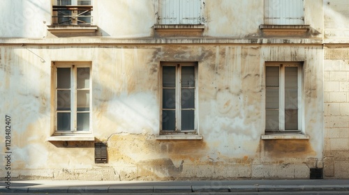 Obraz na płótnie Parisian street view, minimalist building, facing a wall with windows and doors, sunny afternoon light, tranquil urban atmosphere, no people around. w salonie
