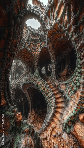 Wallpaper Mural Abstract Fractal Architecture Intricate Organic Structures with Swirling Staircase, Digital Art Torontodigital.ca