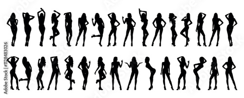 Set of group sexy and sensual women models with various poses standing in a row black silhouettes.