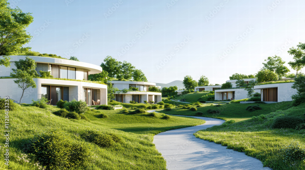 Fototapeta premium Futuristic eco village with modern homes surrounded by lush greenery