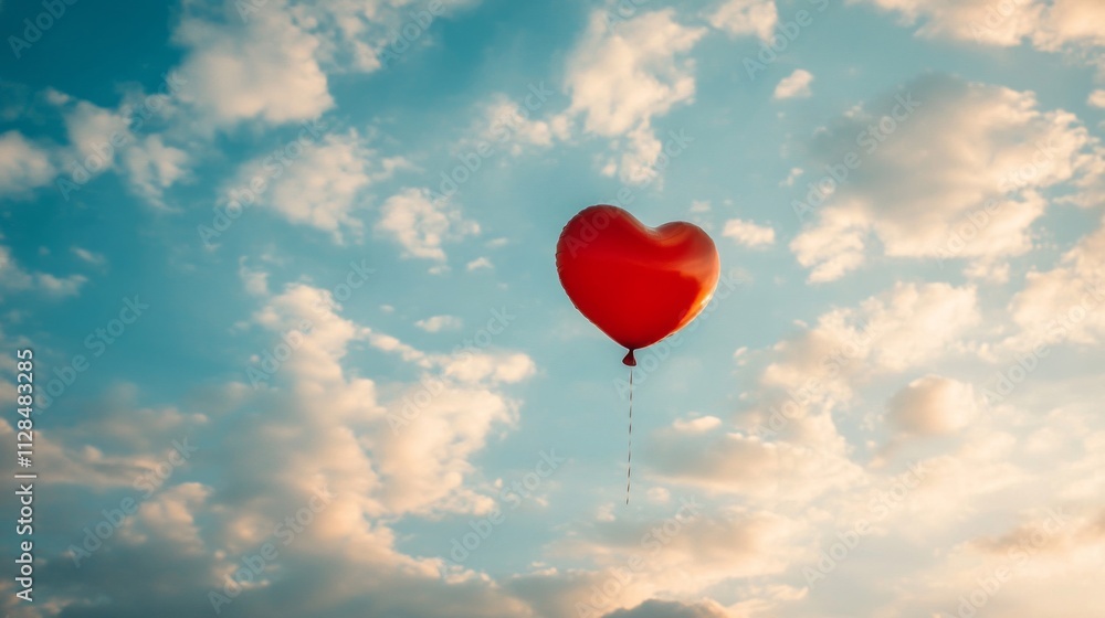 Red Heart Shaped Balloon Ascends Into A Cloudy Sky Red Heart Shaped Balloon Ascends Into A Cloudy Sky
