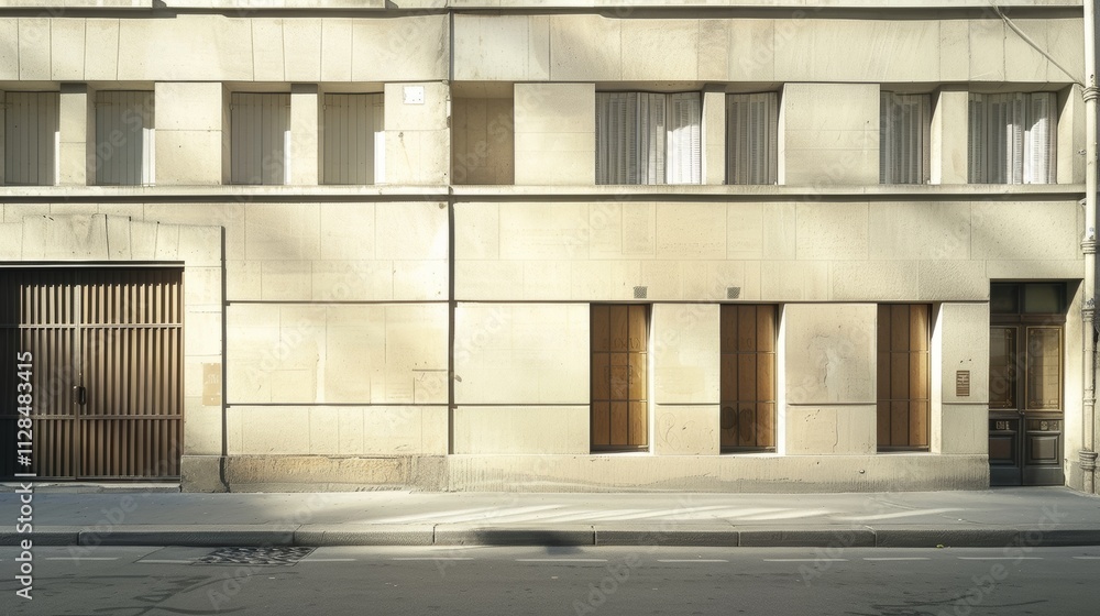 Parisian street view, modern minimalist architecture, complete wall with windows and doors, warm sunlight, serene atmosphere, no people present.