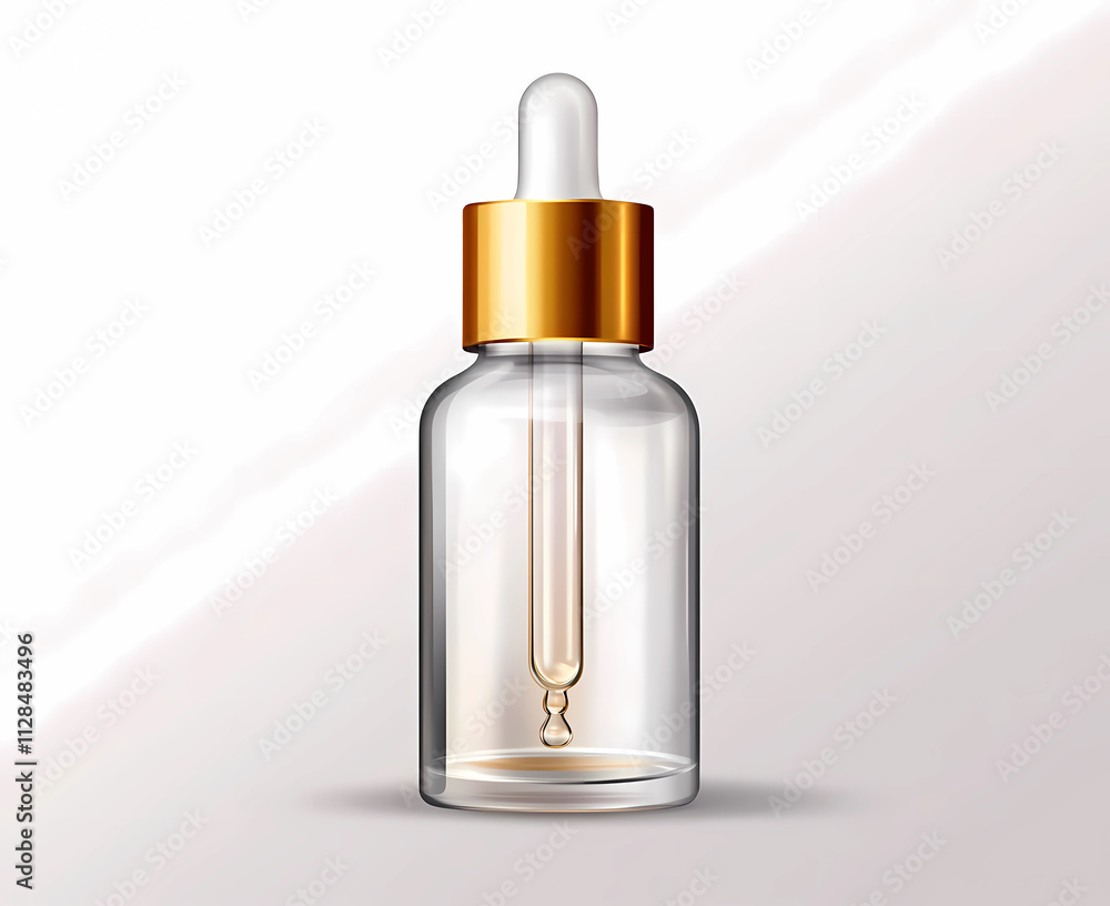 Naklejka premium Realistic glass bottle with a dropper, a golden cap, and a transparent liquid inside on a white background