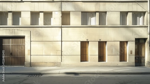 Obraz na płótnie Parisian street view, modern minimalist architecture, complete wall with windows and doors, warm sunlight, serene atmosphere, no people present. w salonie