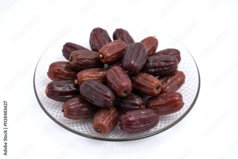 Round glass plate dried dates dark brown glossy piled haphazardly Round glass plate dried dates dark brown glossy piled haphazardly