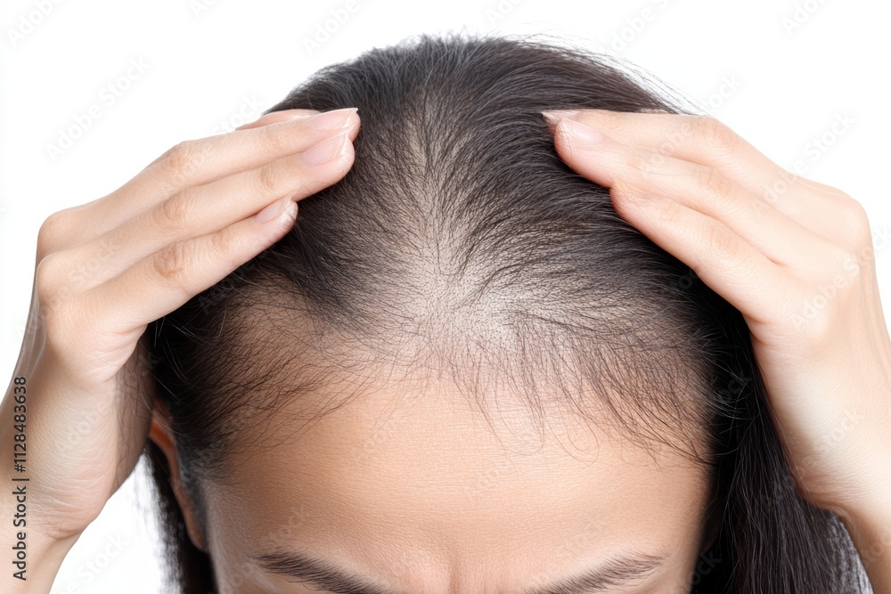 Fototapeta premium Asian female examining hair thinning on scalp