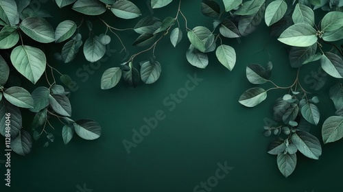 Elegant green foliage border on dark emerald background with copy space. Minimalist botanical flat lay composition featuring fresh leaves in monochromatic design