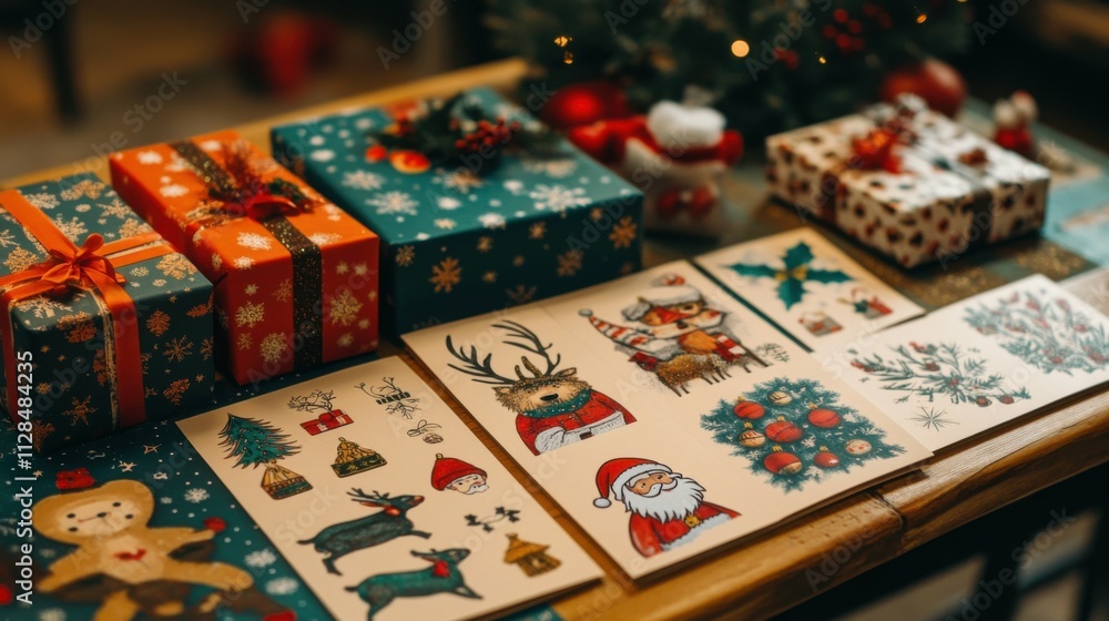 Medium shot of several holiday-themed temporary tattoos on a table, including designs like Santa, reindeer, and holly leaves. Medium shot of several holiday-themed temporary tattoos on a table, including designs like Santa, reindeer, and holly leaves.