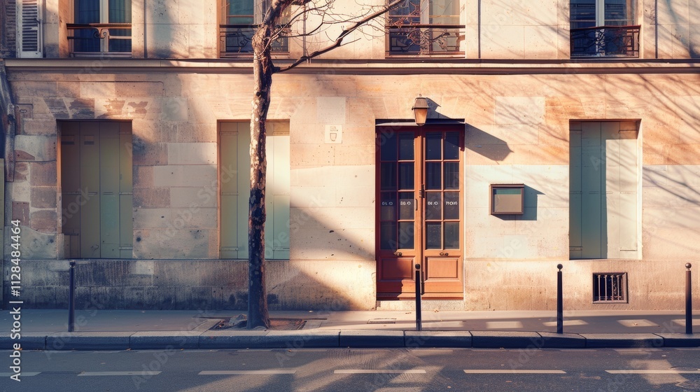 Parisian street view, modern minimalist architecture, full wall with windows and doors, warm sunlight, serene urban atmosphere, no people present.